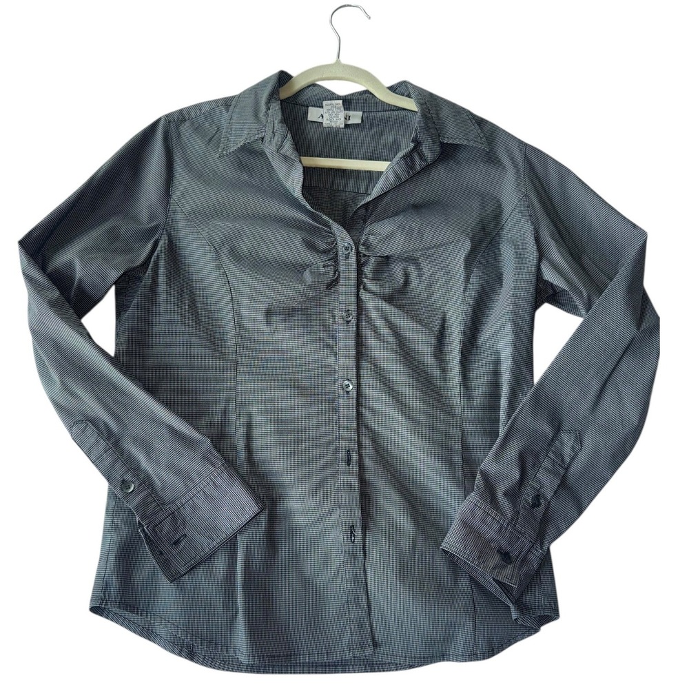 Alfani Womens Grey Pinstripe‎ Ruched Button Down Shirt Top Size Medium